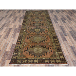 3'7"x10'2" Almond Brown, Distressed Look Worn Wool Hand Knotted, Vintage Persian Hamadan With Geometric Medallion and Small Bird Figurines Cropped Thin, Wide Runner Oriental Rug FWR486252