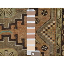 Load image into Gallery viewer, 3&#39;7&quot;x10&#39;2&quot; Almond Brown, Distressed Look Worn Wool Hand Knotted, Vintage Persian Hamadan With Geometric Medallion and Small Bird Figurines Cropped Thin, Wide Runner Oriental Rug FWR486252