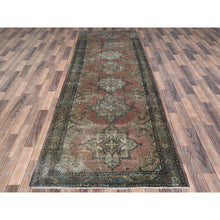 Load image into Gallery viewer, 3&#39;9&quot;x12&#39;8&quot; Mocha Brown, Hand Knotted Vintage Persian Tabriz, Sheared Low Distressed Look Worn Wool, Wide Runner Oriental Rug FWR486282