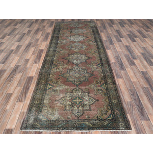 3'9"x12'8" Mocha Brown, Hand Knotted Vintage Persian Tabriz, Sheared Low Distressed Look Worn Wool, Wide Runner Oriental Rug FWR486282