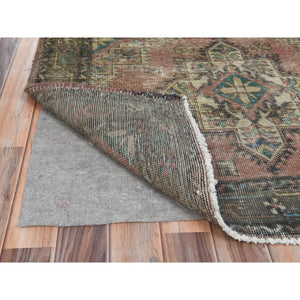 3'9"x12'8" Mocha Brown, Hand Knotted Vintage Persian Tabriz, Sheared Low Distressed Look Worn Wool, Wide Runner Oriental Rug FWR486282
