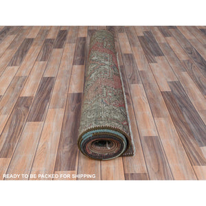 3'9"x12'8" Mocha Brown, Hand Knotted Vintage Persian Tabriz, Sheared Low Distressed Look Worn Wool, Wide Runner Oriental Rug FWR486282