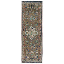 Load image into Gallery viewer, 3&#39;4&quot;x9&#39;9&quot; Almond Brown, Vintage Persian Hamadan with Flower Design Sheared Low, Distressed Look Worn Wool Hand Knotted, Wide Runner Oriental Rug FWR486342