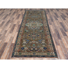 Load image into Gallery viewer, 3&#39;4&quot;x9&#39;9&quot; Almond Brown, Vintage Persian Hamadan with Flower Design Sheared Low, Distressed Look Worn Wool Hand Knotted, Wide Runner Oriental Rug FWR486342