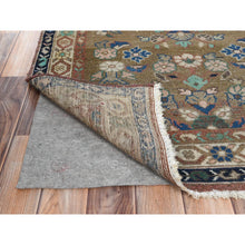 Load image into Gallery viewer, 3&#39;4&quot;x9&#39;9&quot; Almond Brown, Vintage Persian Hamadan with Flower Design Sheared Low, Distressed Look Worn Wool Hand Knotted, Wide Runner Oriental Rug FWR486342