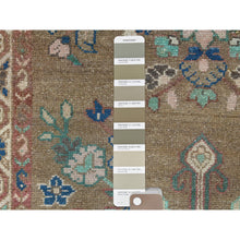 Load image into Gallery viewer, 3&#39;4&quot;x9&#39;9&quot; Almond Brown, Vintage Persian Hamadan with Flower Design Sheared Low, Distressed Look Worn Wool Hand Knotted, Wide Runner Oriental Rug FWR486342