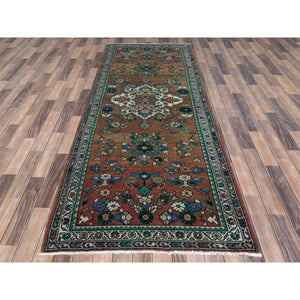 3'7"x9'9" Almond Brown, Distressed Look Worn Wool Hand Knotted, Vintage Persian Lilahan Sheared Low, Wide Runner Oriental Rug FWR486366