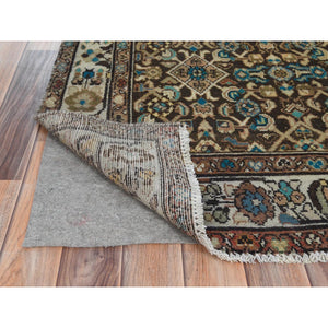 3'7"x9'10" Chocolate Brown, Worn Wool Hand Knotted Vintage Persian Hamadan with Fish Mahi All Over Design, Sheared Low Distressed Look, Wide Runner Oriental Rug FWR486438