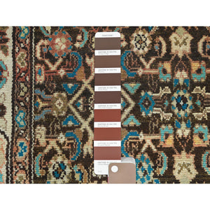 3'7"x9'10" Chocolate Brown, Worn Wool Hand Knotted Vintage Persian Hamadan with Fish Mahi All Over Design, Sheared Low Distressed Look, Wide Runner Oriental Rug FWR486438
