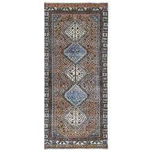 Load image into Gallery viewer, 4&#39;1&quot;x9&#39;10&quot; Walnut Brown, Distressed Look Worn Wool Hand Knotted, Vintage Persian Shiraz Cropped Thin, Wide Runner Oriental Rug FWR486444