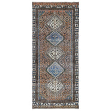 Load image into Gallery viewer, 4&#39;1&quot;x9&#39;10&quot; Walnut Brown, Distressed Look Worn Wool Hand Knotted, Vintage Persian Shiraz Cropped Thin, Wide Runner Oriental Rug FWR486444