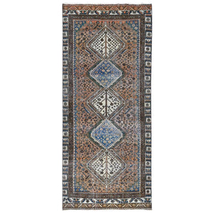 4'1"x9'10" Walnut Brown, Distressed Look Worn Wool Hand Knotted, Vintage Persian Shiraz Cropped Thin, Wide Runner Oriental Rug FWR486444