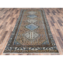 Load image into Gallery viewer, 4&#39;1&quot;x9&#39;10&quot; Walnut Brown, Distressed Look Worn Wool Hand Knotted, Vintage Persian Shiraz Cropped Thin, Wide Runner Oriental Rug FWR486444