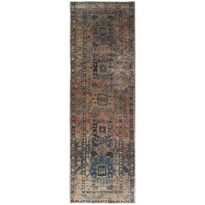 3'5"x10'6" Sunset Colors, Vintage Persian Karajeh Sheared Low Distressed Look Worn Wool Hand Knotted, Wide Runner Oriental Rug FWR486462