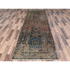 3'5"x10'6" Sunset Colors, Vintage Persian Karajeh Sheared Low Distressed Look Worn Wool Hand Knotted, Wide Runner Oriental Rug FWR486462