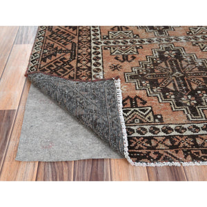 3'9"x5'4" Almond Brown, Hand Knotted Vintage Persian Baluch, Cropped Thin Distressed Look Worn Wool, Oriental Rug FWR486504