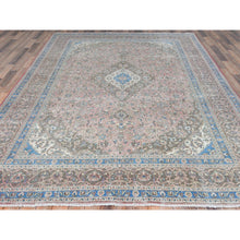 Load image into Gallery viewer, 7&#39;10&quot;x11&#39; Peach Color Vintage Persian Kashan Hand Knotted Cropped Thin, Worn Wool Shabby Chic Distressed Look Oriental Rug FWR486540