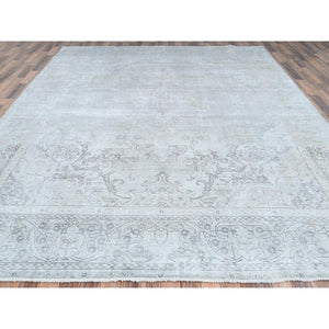 9'7"x12'3" Washed Out Gray Vintage Persian Tabriz, Sheared Low, Distressed Look, Hand Knotted, Worn Wool Oriental Rug FWR486588