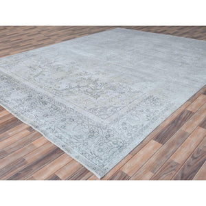 9'7"x12'3" Washed Out Gray Vintage Persian Tabriz, Sheared Low, Distressed Look, Hand Knotted, Worn Wool Oriental Rug FWR486588