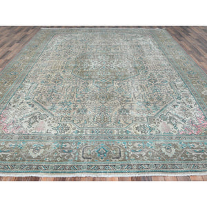 9'10"x12'8" Beige, Vintage Persian Tabriz Hand Knotted Cropped Thin, Worn Wool Shabby Chic, Distressed Look Oriental Rug FWR486618