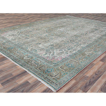 Load image into Gallery viewer, 9&#39;10&quot;x12&#39;8&quot; Beige, Vintage Persian Tabriz Hand Knotted Cropped Thin, Worn Wool Shabby Chic, Distressed Look Oriental Rug FWR486618