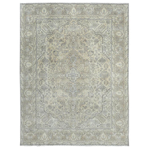 9'7"x12'9" Ivory Sheared Low Vintage Persian Tabriz, Shabby Chic, Distressed Look, Hand Knotted Worn Wool Oriental Rug FWR486702