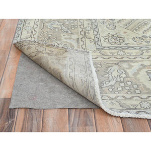 9'7"x12'9" Ivory Sheared Low Vintage Persian Tabriz, Shabby Chic, Distressed Look, Hand Knotted Worn Wool Oriental Rug FWR486702
