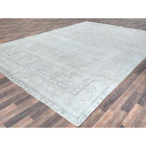 9'7"x13'2" Beige Hand Knotted Vintage Persian Tabriz Worn Wool, Sheared Low Distressed Look, Shabby Chic Oriental Rug FWR486750