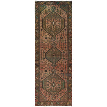 Load image into Gallery viewer, 3&#39;7&quot;x10&#39;2&quot; Earth Tone Colors, Worn Wool Hand Knotted, Vintage Persian Hamadan Cropped Thin Distressed Look, Wide Runner Oriental Rug FWR486816
