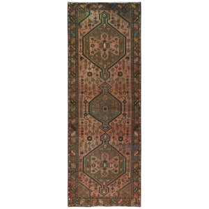 3'7"x10'2" Earth Tone Colors, Worn Wool Hand Knotted, Vintage Persian Hamadan Cropped Thin Distressed Look, Wide Runner Oriental Rug FWR486816