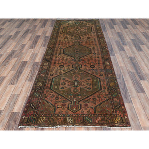 3'7"x10'2" Earth Tone Colors, Worn Wool Hand Knotted, Vintage Persian Hamadan Cropped Thin Distressed Look, Wide Runner Oriental Rug FWR486816