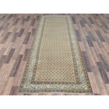 Load image into Gallery viewer, 3&#39;3&quot;x10&#39;2&quot; Peach Color, Vintage Persian Sarouk Mir Serab with Small Repetitive Boteh Design Sheared Low, Distressed Look Worn Wool Hand Knotted, Wide Runner Oriental Village Rug FWR486834