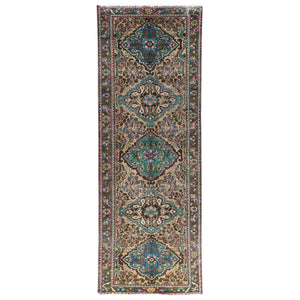 3'6"x9'7" Green with Touches of Pink, Distressed Look Worn Wool Hand Knotted, Vintage Persian Bakhtiar Cropped Thin, Wide Runner Oriental Rug FWR486852