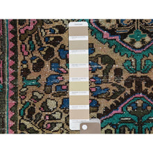 Load image into Gallery viewer, 3&#39;6&quot;x9&#39;7&quot; Green with Touches of Pink, Distressed Look Worn Wool Hand Knotted, Vintage Persian Bakhtiar Cropped Thin, Wide Runner Oriental Rug FWR486852