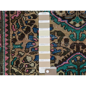 3'6"x9'7" Green with Touches of Pink, Distressed Look Worn Wool Hand Knotted, Vintage Persian Bakhtiar Cropped Thin, Wide Runner Oriental Rug FWR486852