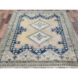 4'9"x5'10" Yellow, Worn Wool Hand Knotted, Vintage Persian Shiraz Sheared Low Distressed Look, Squarish Oriental Rug FWR486906