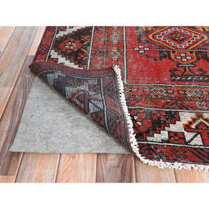 3'9"x6'4" Tomato Red, Hand Knotted Vintage Persian Baluch, Cropped Thin Distressed Look Worn Wool, Oriental Rug FWR487260