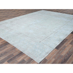9'8"x12'10" Beige Hand Knotted Worn Wool, Cropped Thin Distressed Look Vintage Persian Kerman Oriental Rug FWR487488