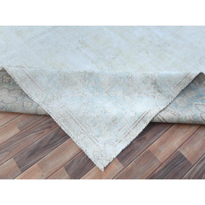 9'8"x12'10" Beige Hand Knotted Worn Wool, Cropped Thin Distressed Look Vintage Persian Kerman Oriental Rug FWR487488