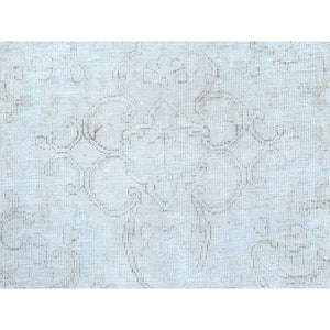 9'8"x12'10" Beige Hand Knotted Worn Wool, Cropped Thin Distressed Look Vintage Persian Kerman Oriental Rug FWR487488