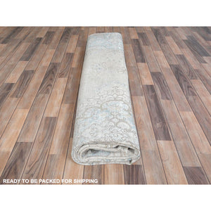 9'8"x12'10" Beige Hand Knotted Worn Wool, Cropped Thin Distressed Look Vintage Persian Kerman Oriental Rug FWR487488