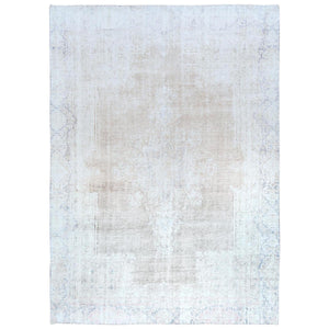 8'7"x12' Beige Hand Knotted Worn Wool, Cropped Thin, Distressed Look Vintage Persian Kerman Oriental Rug FWR487494
