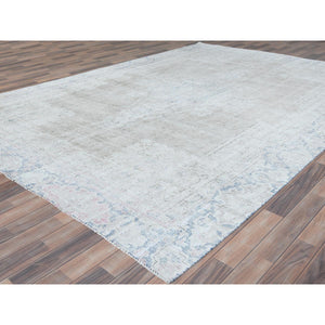 8'7"x12' Beige Hand Knotted Worn Wool, Cropped Thin, Distressed Look Vintage Persian Kerman Oriental Rug FWR487494