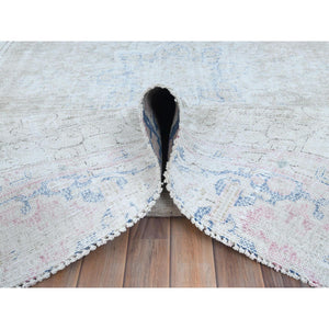 8'7"x12' Beige Hand Knotted Worn Wool, Cropped Thin, Distressed Look Vintage Persian Kerman Oriental Rug FWR487494