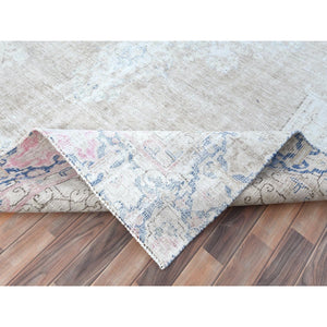 8'7"x12' Beige Hand Knotted Worn Wool, Cropped Thin, Distressed Look Vintage Persian Kerman Oriental Rug FWR487494