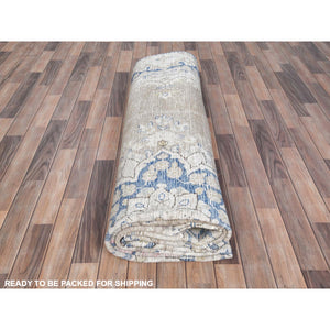 8'7"x12' Beige Hand Knotted Worn Wool, Cropped Thin, Distressed Look Vintage Persian Kerman Oriental Rug FWR487494