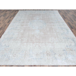 9'4"x13'1" Faded Pink Hand Knotted Worn Wool, Cropped Thin, Distressed Look Old Persian Kerman Oriental Rug FWR487506