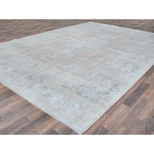 9'4"x13'1" Faded Pink Hand Knotted Worn Wool, Cropped Thin, Distressed Look Old Persian Kerman Oriental Rug FWR487506