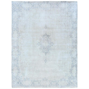9'x12' Ivory Semi Antique Persian Kerman Worn Wool, Sheared Low, Hand Knotted Distressed Look Oriental Rug FWR487524