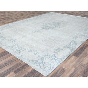 9'x12' Ivory Semi Antique Persian Kerman Worn Wool, Sheared Low, Hand Knotted Distressed Look Oriental Rug FWR487524